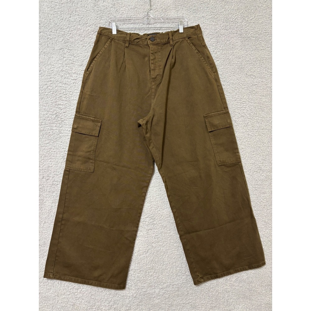 Men's 3XL Olive Brown Cargo Pants Button Fly Elastic Waist Wide Leg Cotton Twill